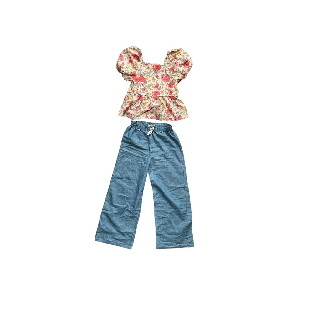 btween 2-Piece Outfit Girls 12 Floral Peplum Top Wide Leg Chambray Pants Blue